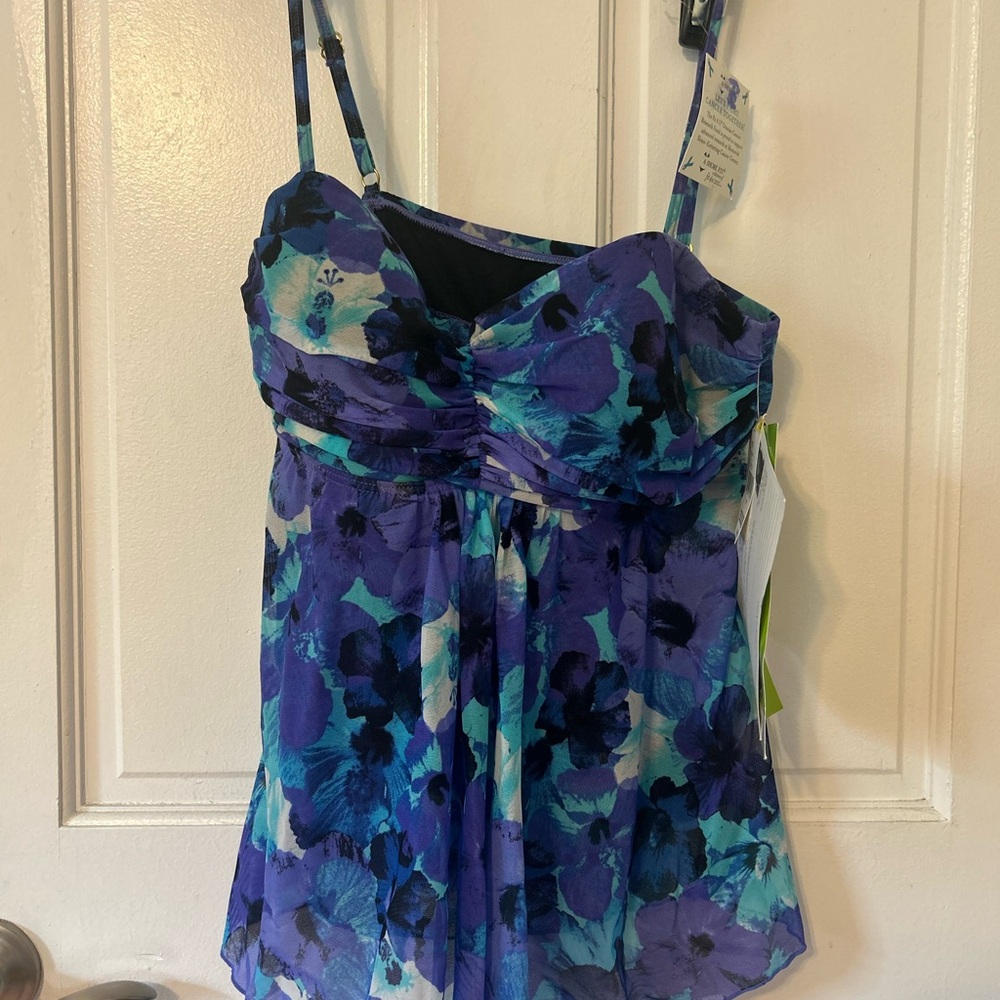 Blue and Purple Bustier bathing suit top with Ruched Detail
